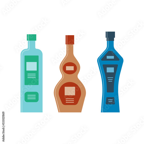 Set bottles of gin balsam vodka. Icon bottle with cap and label. Great design for any purposes. Flat style. Color form. Party drink concept. Simple image shape