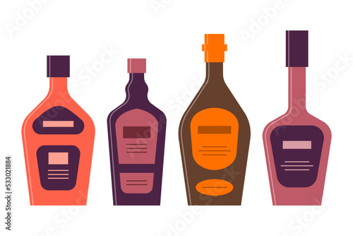 Set bottles of liquor, rum, whiskey, balsam great design for any purposes. Icon bottle with cap and label. Flat style. Color form. Party drink concept. Simple image shape