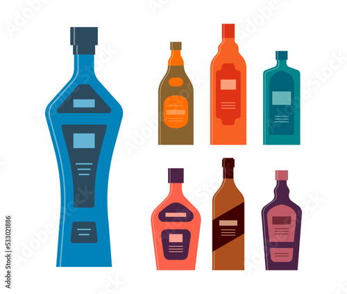 Set bottles of vodka balsam rum gin tequila brandy liquor. Icon bottle with cap and label. Graphic design for any purposes. Flat style. Color form. Party drink concept. Simple image shape
