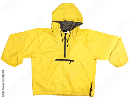 bright yellow waterproof jacket with a hood isolate on a white background photo