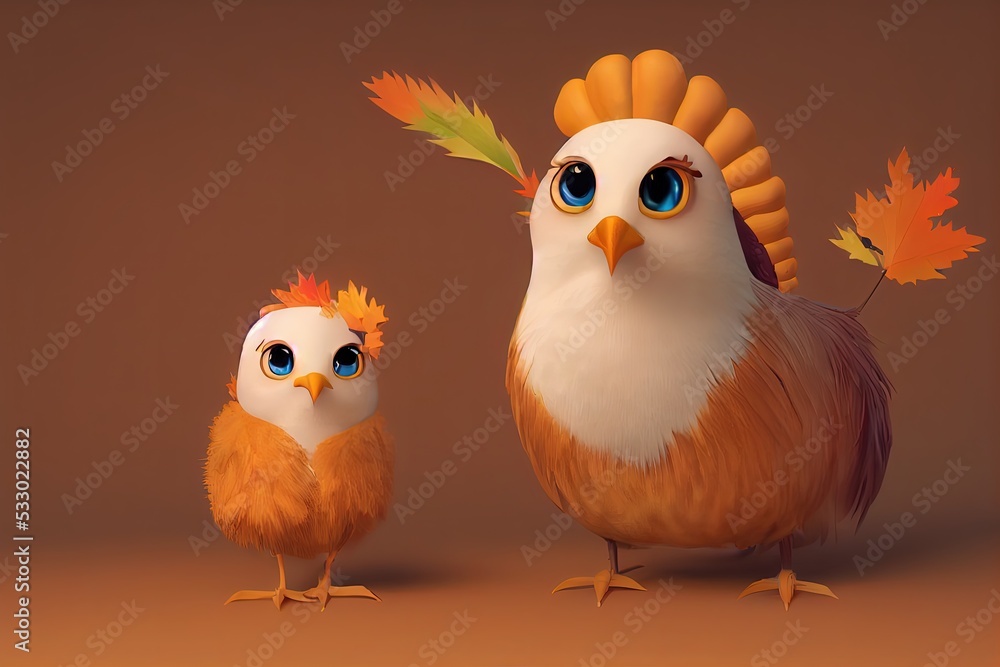 Obraz premium An adorable 3D Thanksgiving turkey chick with a festive autumn background. 100% original character 