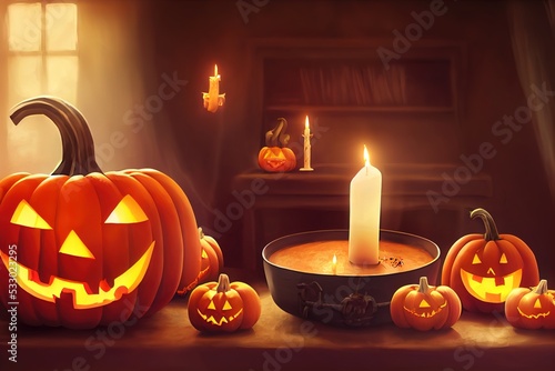 Interior of a room decorated for Halloween party Pumpkins a cauldron with a potion candles a witch hat sweets on a table bats and web Background for an app or a game illustration, Anime Style