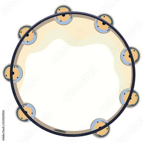 Wooden tambourine with metal jingles. Folk percussion music instrument with zills. Colored flat vector illustration of ethnic wood buben isolated on white background