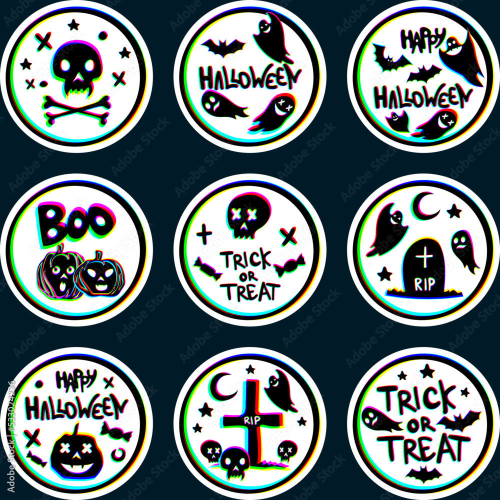 Fototapeta premium Set of Round Neon Halloween Stickers with Black Elements