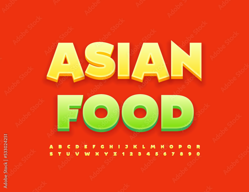Vector advertising sign Asian Food.  Modern Yellow 3D Font. Bright artistic Alphabet Letters and Numbers set