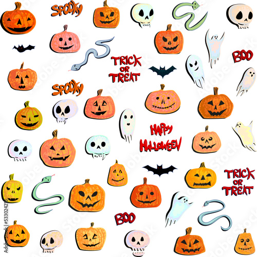 Set of Doodles Hallowen Pumpkin. Skull, Snake and Ghost