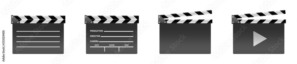 Vector 3d Realistic Opened Movie Film Clap Board Icon Set Closeup Isolated on Transparent Background. Design Template of Clapperboard, Slapstick, Filmmaking Device. Front View