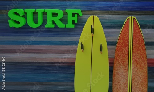 3d illustration, surfboards, beautiful colorful background, 3d rendering,