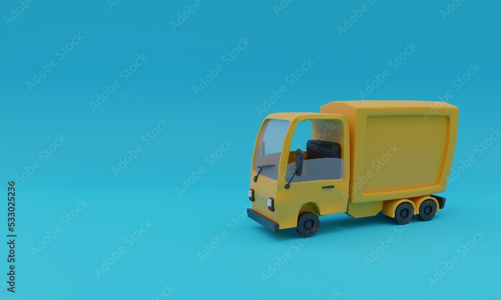 3d illustration, transport truck, blue background, copy space, 3d rendering.