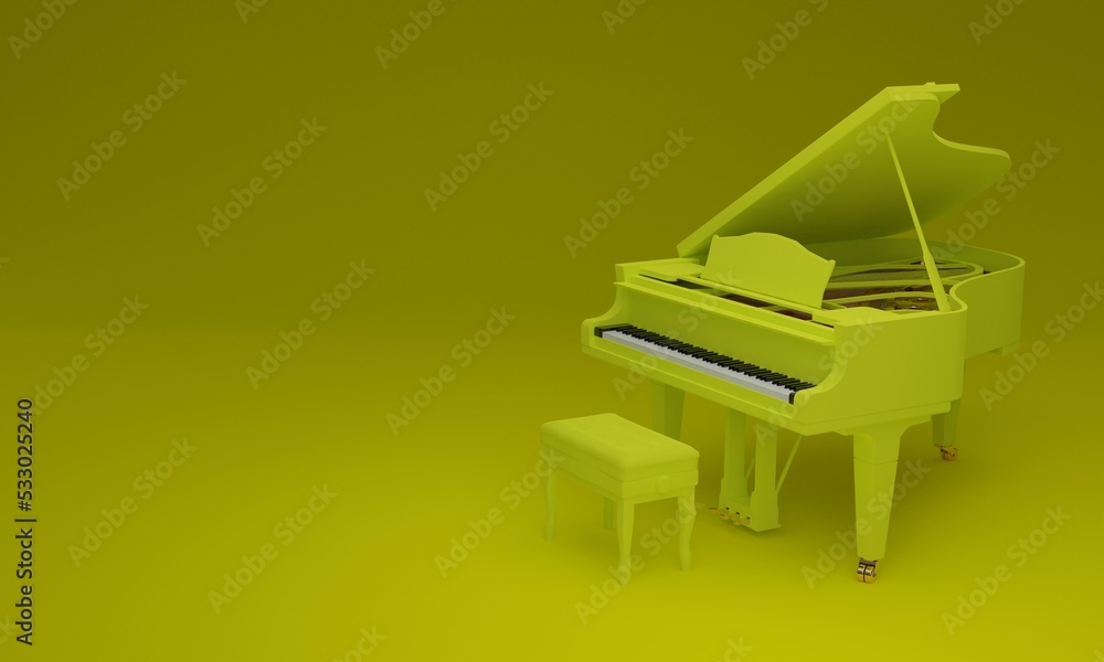 3d illustration, classic piano, yellow background, copy space, 3d rendering.