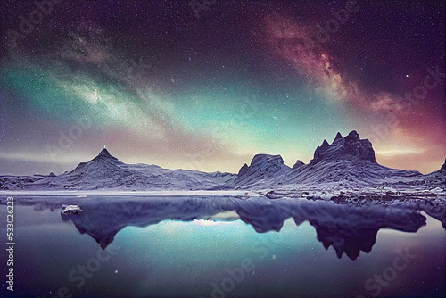 Northern Lights landscape, mounts, sky, lake