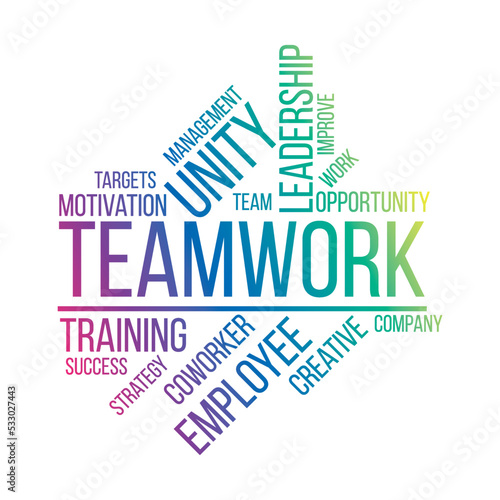 Teamwork in Word Cloud Style, Vector Illustration for Office Wall Using Important Words and Concepts.