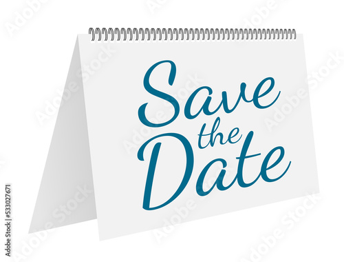 Save the date on calendar. Badge, label. Flat  stock illustrations on blue background. © DG-Studio