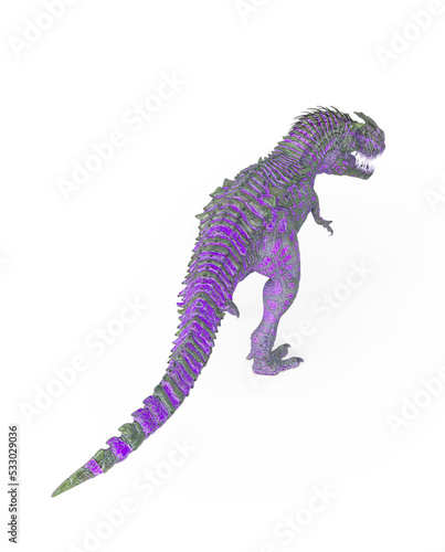 dinosaur monster is walking way on white background rear top view