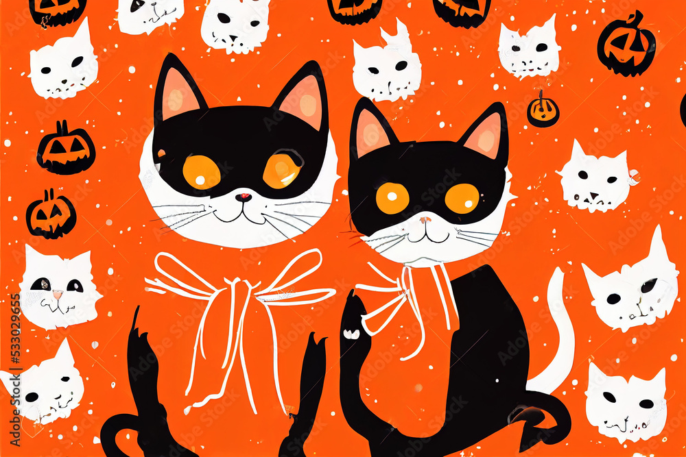Obraz premium Happy Halloween Greeting Card illustration Cute cat and dogs in halloween pet costume on orange background, Anime Style