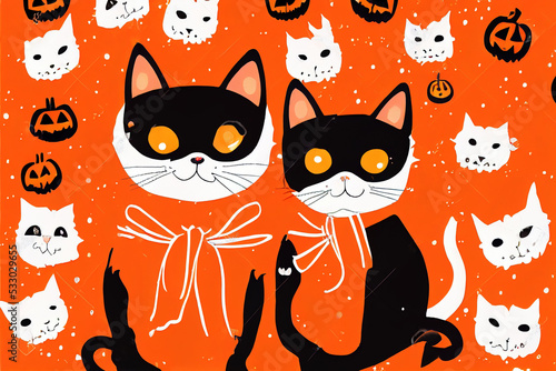 Happy Halloween Greeting Card illustration Cute cat and dogs in halloween pet costume on orange background  Anime Style