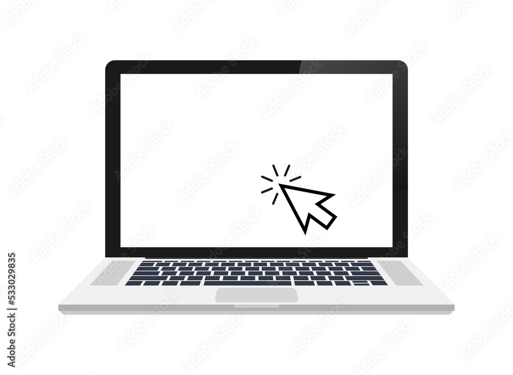 Laptop with cursor. Computer or search click arrow for website. stock illustration Laptop with cursor. Computer or search click arrow for website. stock illustration