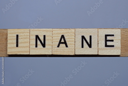 text the word inane from brown wooden small letters with black font on an gray table