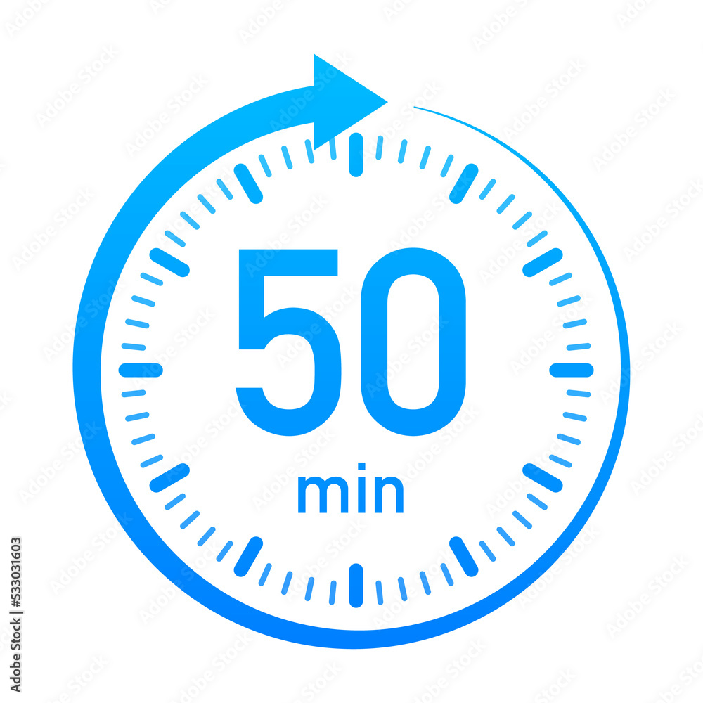 The 50 minutes, stopwatch icon. Stopwatch icon in flat style, timer on on color background. illustration. The 50 minutes, stopwatch icon. Stopwatch icon in flat style, timer on on color background. illustration.