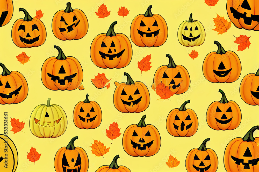 Cartoon Halloween orange and yellow pumpkins with carving smiles, autumn leaves Raster illustration, Happy Halloween hand written lettering. Cartoon Halloween orange and yellow pumpkins with carving smiles, autumn leaves Raster illustration, Happy Halloween hand written lettering.
