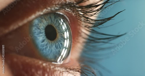 Woman face, blue eyes and vision focus, thinking idea and contact lenses to see, eyesight and awareness. Closeup macro on face, eyeball and optometry test stare with awake perception of human anatomy