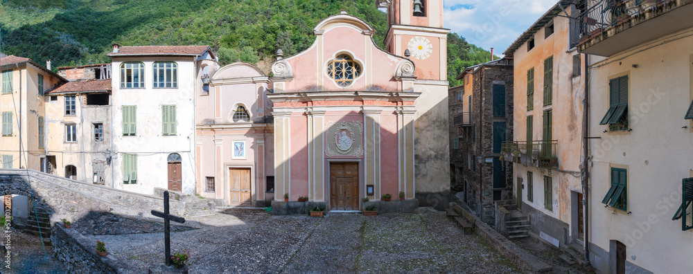 Wide panoramic view of the church and main square of Buggio, little village of Imperia Province (Liguria, Northern Italy), near the French-Italy borders.