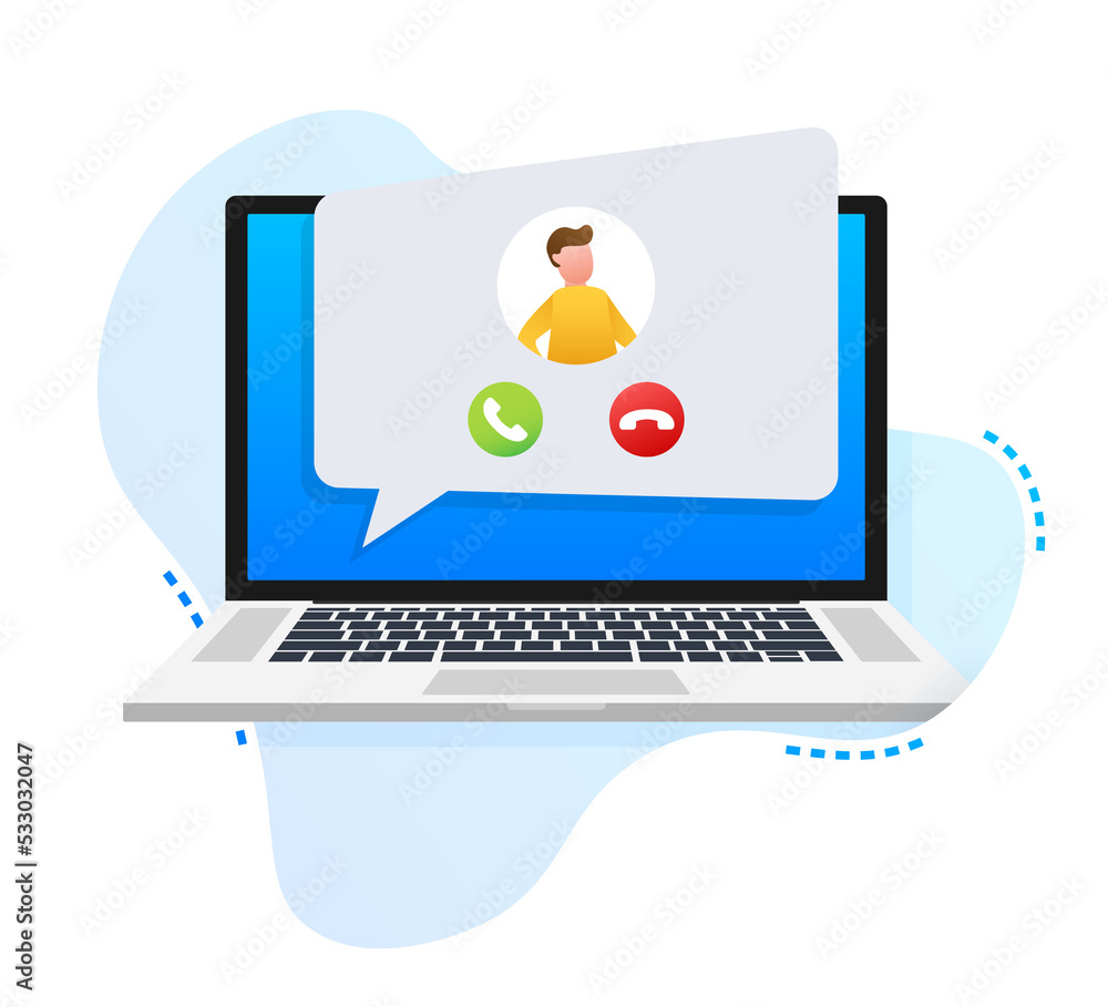 Incoming video call on laptop. Laptop with incoming call, man profile picture and accept decline buttons. stock illustration Incoming video call on laptop. Laptop with incoming call, man profile picture and accept decline buttons. stock illustration