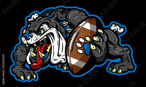 full body bulldog mascot holding football for school, college or league