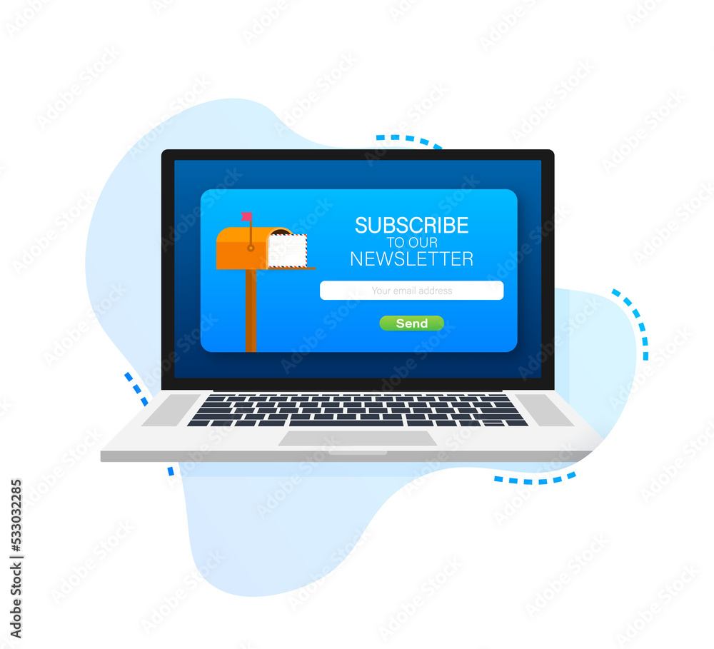 Email subscribe on laptop screen, online newsletter template with mailbox and submit button. stock illustration. Email subscribe on laptop screen, online newsletter template with mailbox and submit button. stock illustration.
