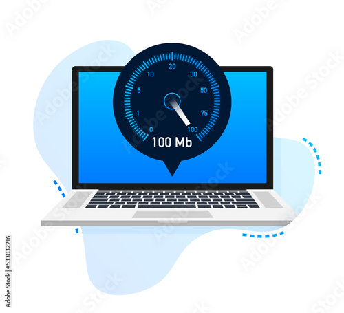 Speed test on laptop. Speedometer Internet Speed 100 mb. Website speed loading time.  illustration.