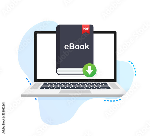 Download book. E-book marketing, content marketing, ebook download on laptop.  illustration. photo