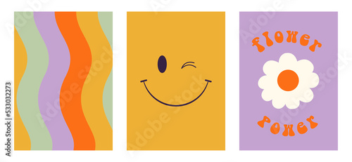 Set of colorful groovy posters in 70s and 60s hippy art style. Psychedelic rainbow waves, daisy flower and retro smiling face illustrations for prints and cards. Vintage nostalgia vector postcards