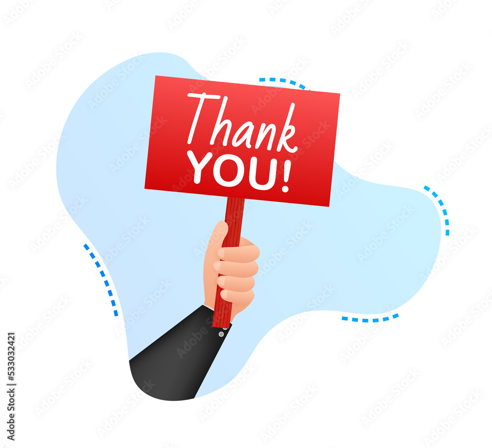 Thank you. Cartoon poster with hand holding placard for banner design