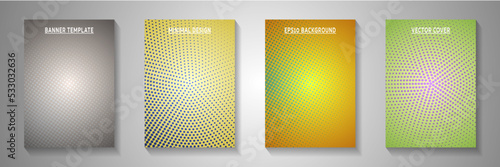 Minimal circle perforated halftone title page templates vector set. Industrial magazine faded