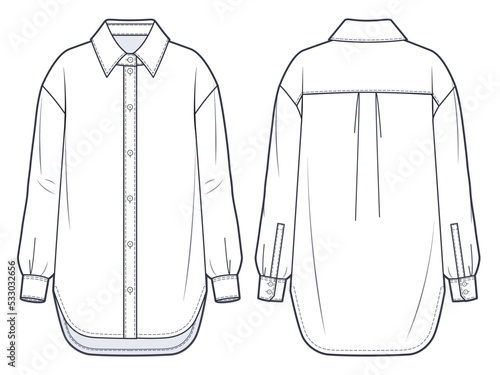 Unisex Basic Shirt technical fashion Illustration. Shirt fashion flat technical drawing template, button-down collar,  cuffed long sleeves, relaxed fit, front, back view, white, unisex CAD mockup. .