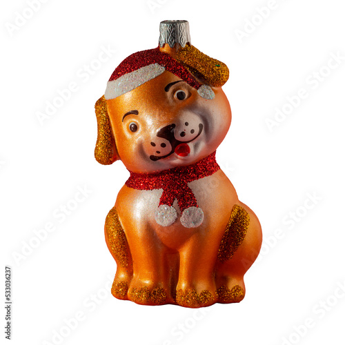 Insulated toy (dog) for the Christmas tree. A Christmas toy in the shape of a cute dog. New Year. Christmas decorative ball isolated on transparent background