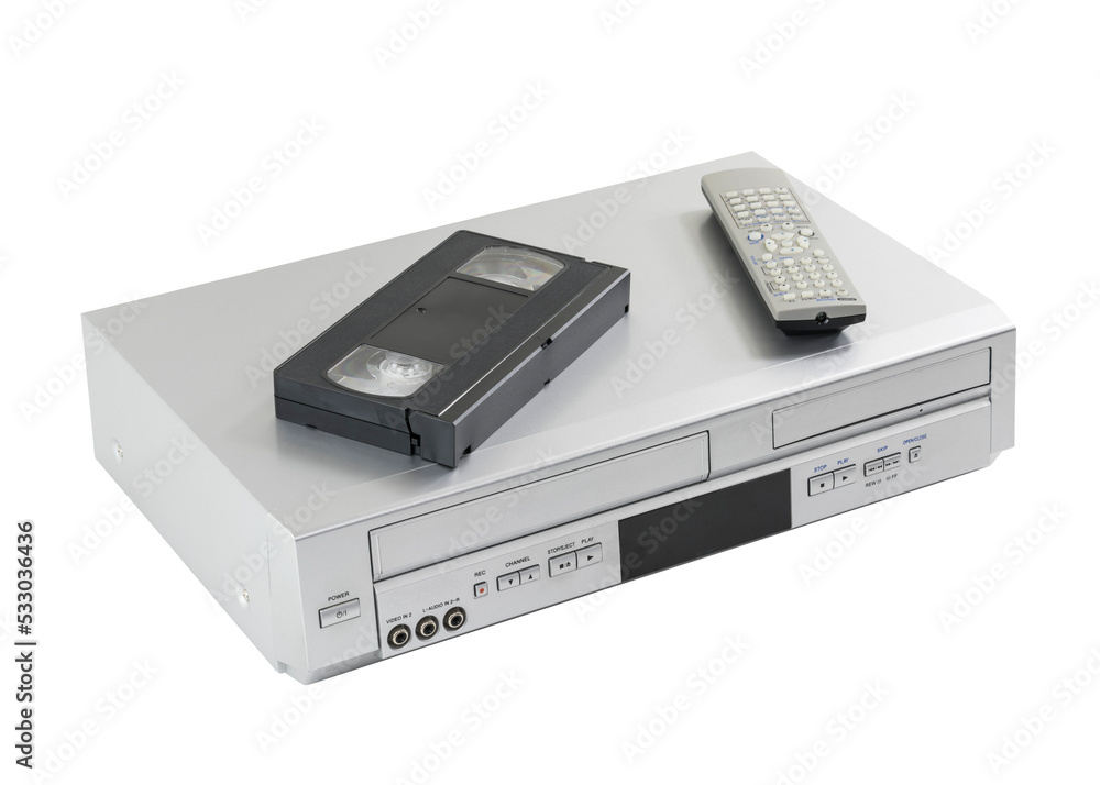 Old video cassette and disk player machine with remote controller isolated. Old video cassette and disk player machine with remote controller isolated.