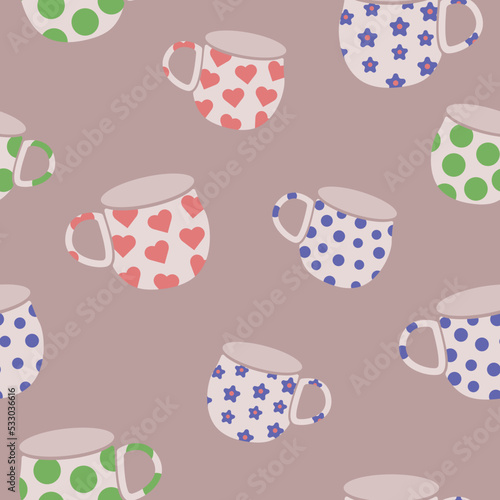 Mugs seamless pattern. Mugs decorated with polka dots, flowers and hearts. Prints, packaging template, textiles, bedding and wallpaper.