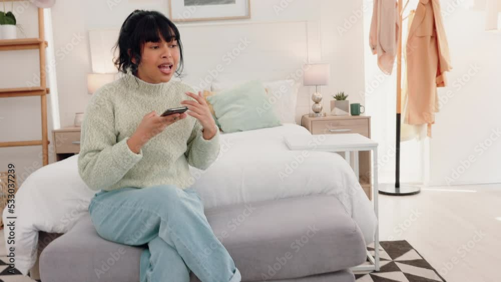 Woman angry argue with phone in hand, stop call and put cellphone down after talk to partner. Upset latino lady, annoyed by fight conversation on smartphone while in bedroom at home or in hotel Woman angry argue with phone in hand, stop call and put cellphone down after talk to partner. Upset latino lady, annoyed by fight conversation on smartphone while in bedroom at home or in hotel