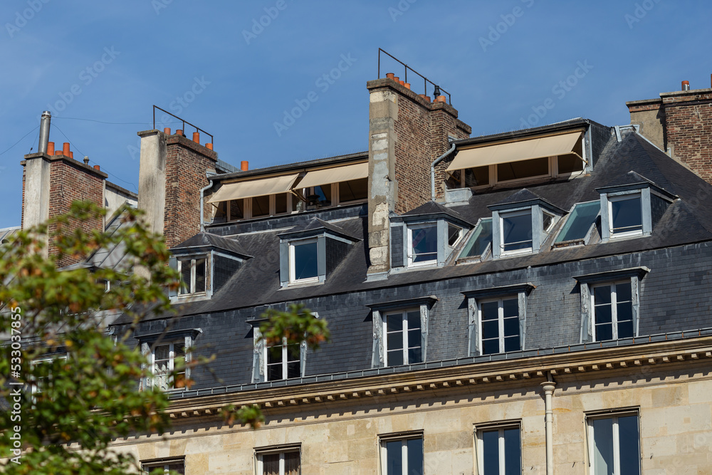 Roofs of a house in Paris close-up on a sunny day.