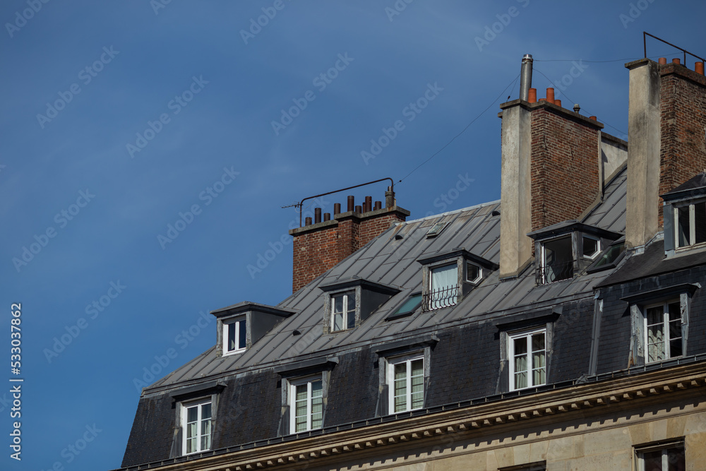 Roofs of a house in Paris close-up on a sunny day.