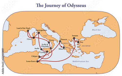 Map with the journey of Odysseus photo