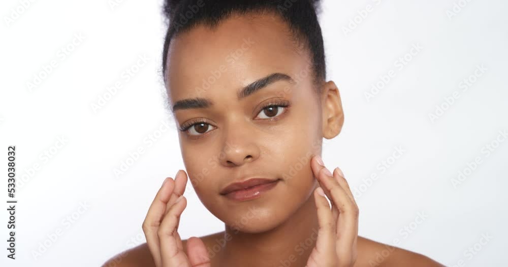 Beauty portrait, black woman touching skincare and natural wellness, feminine and clean cosmetics on studio white background. Healthy female, african body care and bare model grooming for fresh face Beauty portrait, black woman touching skincare and natural wellness, feminine and clean cosmetics on studio white background. Healthy female, african body care and bare model grooming for fresh face