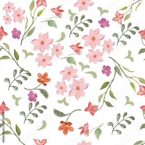 Watercolor seamless pattern with abstract flowers leaves and brunches. Hand drawn nature illustration on white background. For interior, packaging design or print.