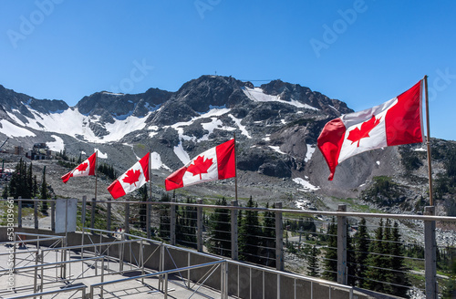 Canadian flags on Whistler mountain, British Columbia, Canada