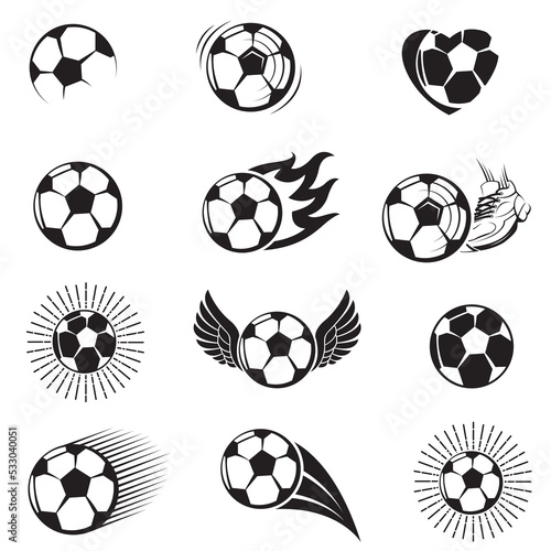 monochrome collection of various football balls isolated on white background