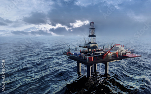 Offshore oil rig,  drilling rig, jack up rig, oil platform at the sea during sunset. 3D rendering illustration