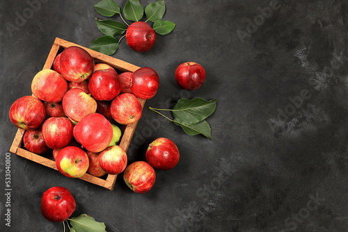 Apples in a basket on a concrete table, thanksgiving background, harvest, healthy natural food concept, detox diet and body cleansing, screen banner, cafe, restaurant, selective focus