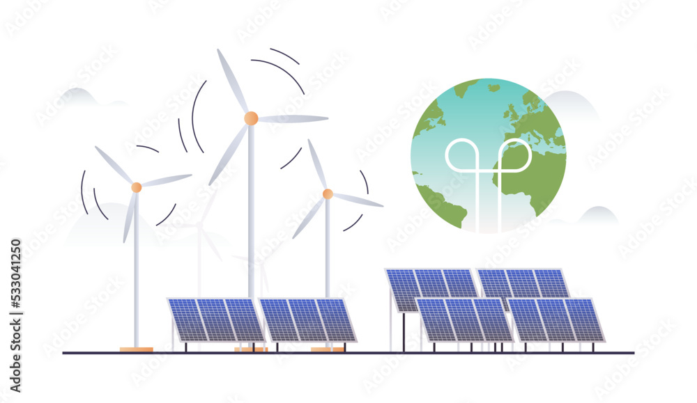 Obraz premium Sustainability and esg, green, energy, sustainable industry with windmills and solar energy panels, environmental, social, corporate governance concept flat vector illustration.