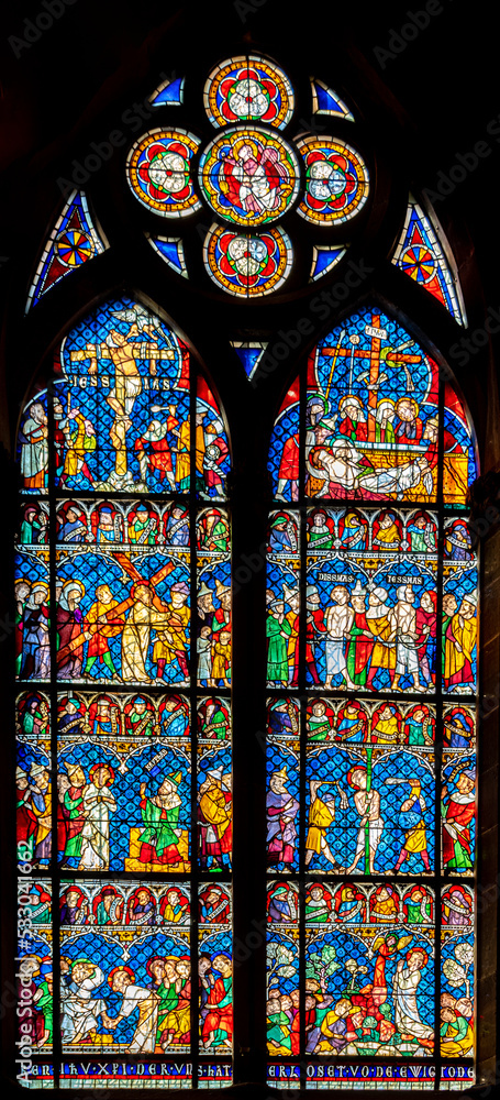 Gothic stained glass of the Strasbourg Cathedral or the Cathedral of Our Lady of Strasbourg (French: Cathédrale Notre-Dame de Strasbourg, German: Liebfrauenmünster zu Straßburg or Straßburger Münster)